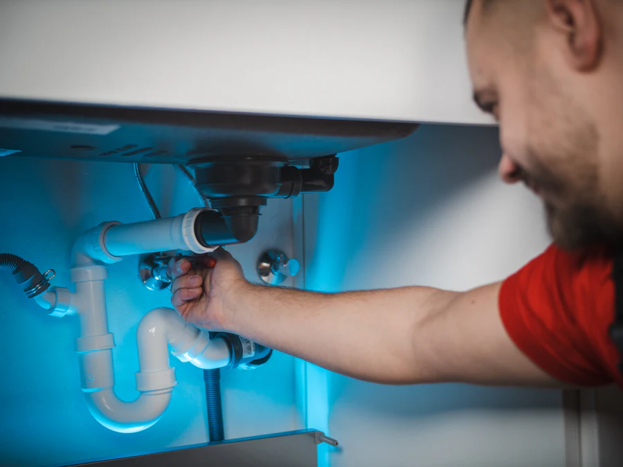 A plumber tightening a pipe fitting under a sink